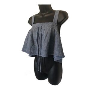 American‎ Eagle Blue chambray wide strap flirty flounce hem crop top size medium